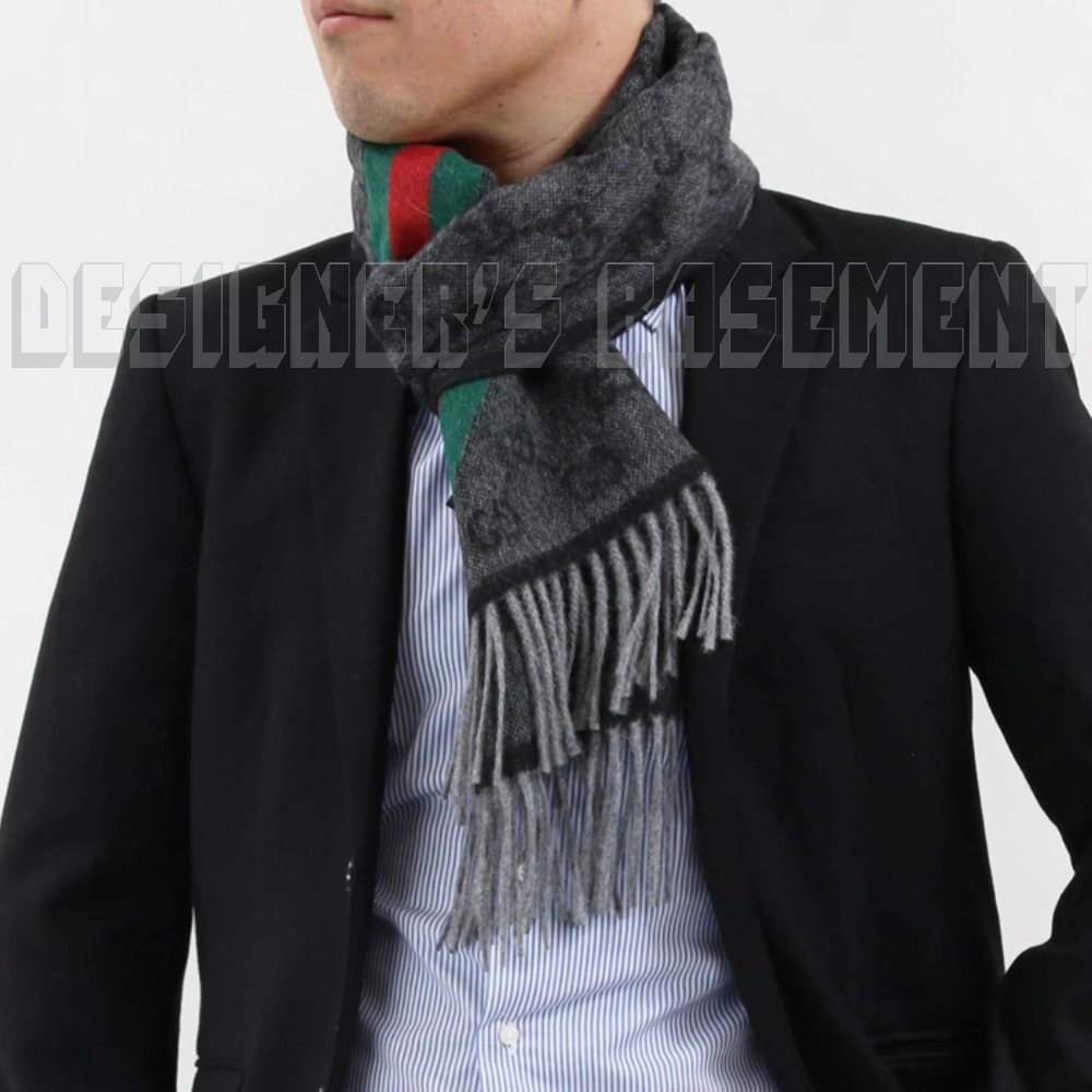 GUCCI charcoal/black GG green/red WEB detail NIKKY Angora blend fringe scarf +🎁